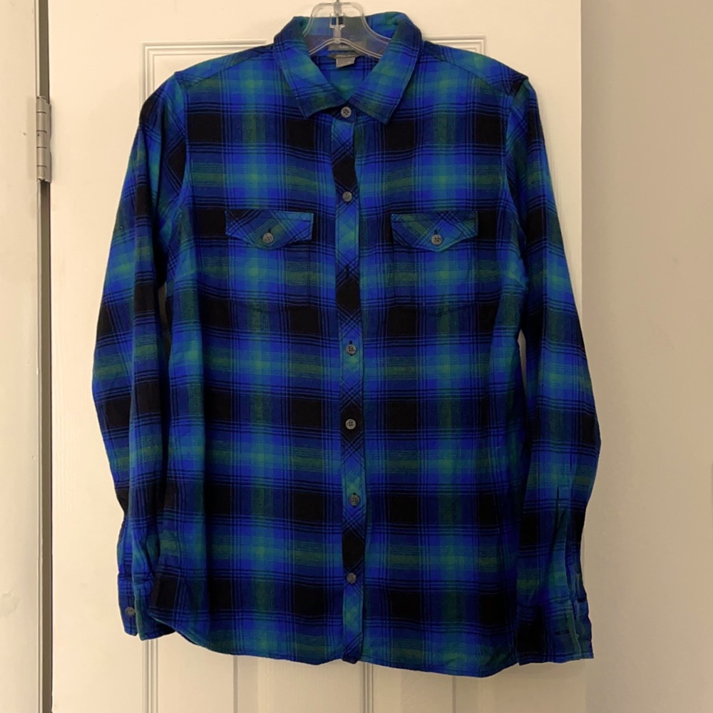 Eddie Bauer Blue and Black Plaid Button-Down Shirt
